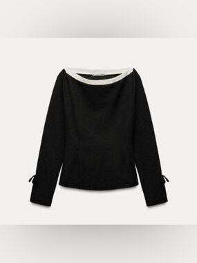 Zara Black Long Sleeve Boatneck Tee with White Trim